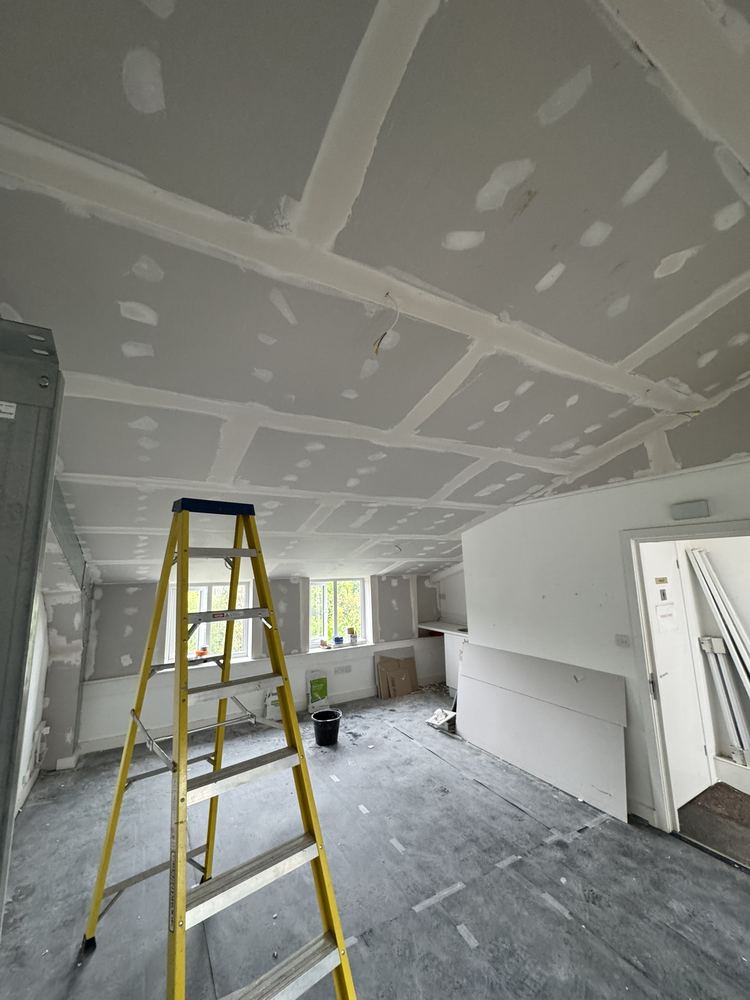 Freshly dry lined ceiling and walls